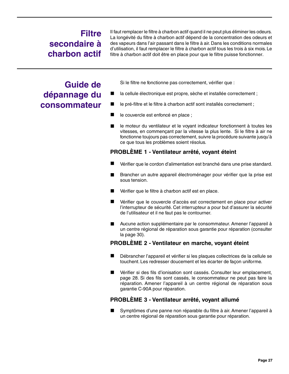 Filtre secondaire à charbon actif, Guide de dépannage du consommateur | Friedrich C-90A User Manual | Page 27 / 31