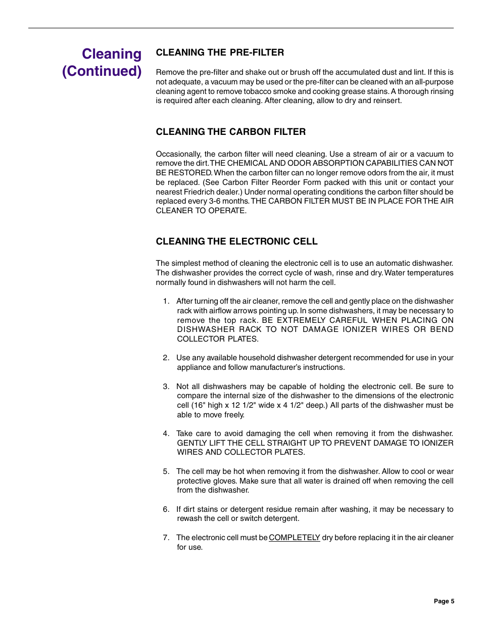 Cleaning (continued) | Friedrich C-90A User Manual | Page 5 / 31