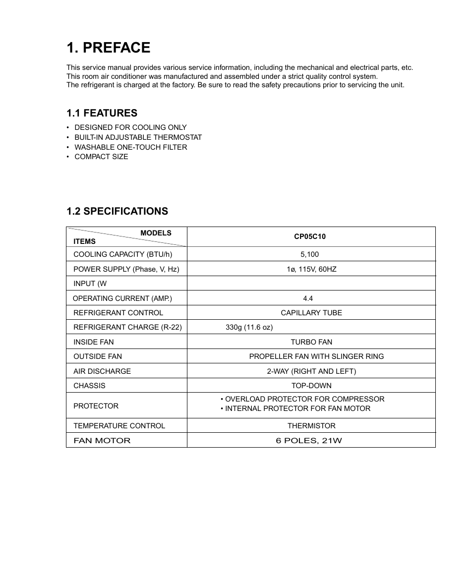 Preface, 1 features, 2 specifications | Friedrich CP05C10 User Manual | Page 3 / 24