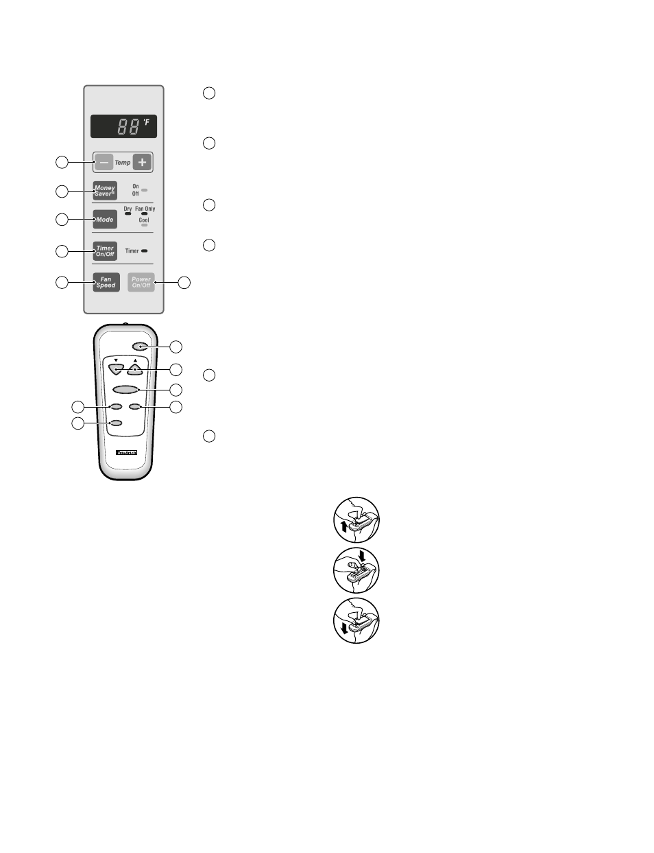 3 locations of controls, Money saver, Temperature setting | On/off timer, Power, Fan speed, Operation mode selector | Friedrich CP05C10 User Manual | Page 4 / 24