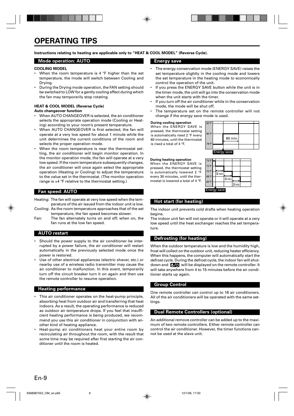 Operating tips, En-9, Mode operation: auto | Fan speed: auto, Auto restart, Heating performance, Energy save, Hot start (for heating), Defrosting (for heating), Group control | Friedrich 9368987053 User Manual | Page 10 / 52