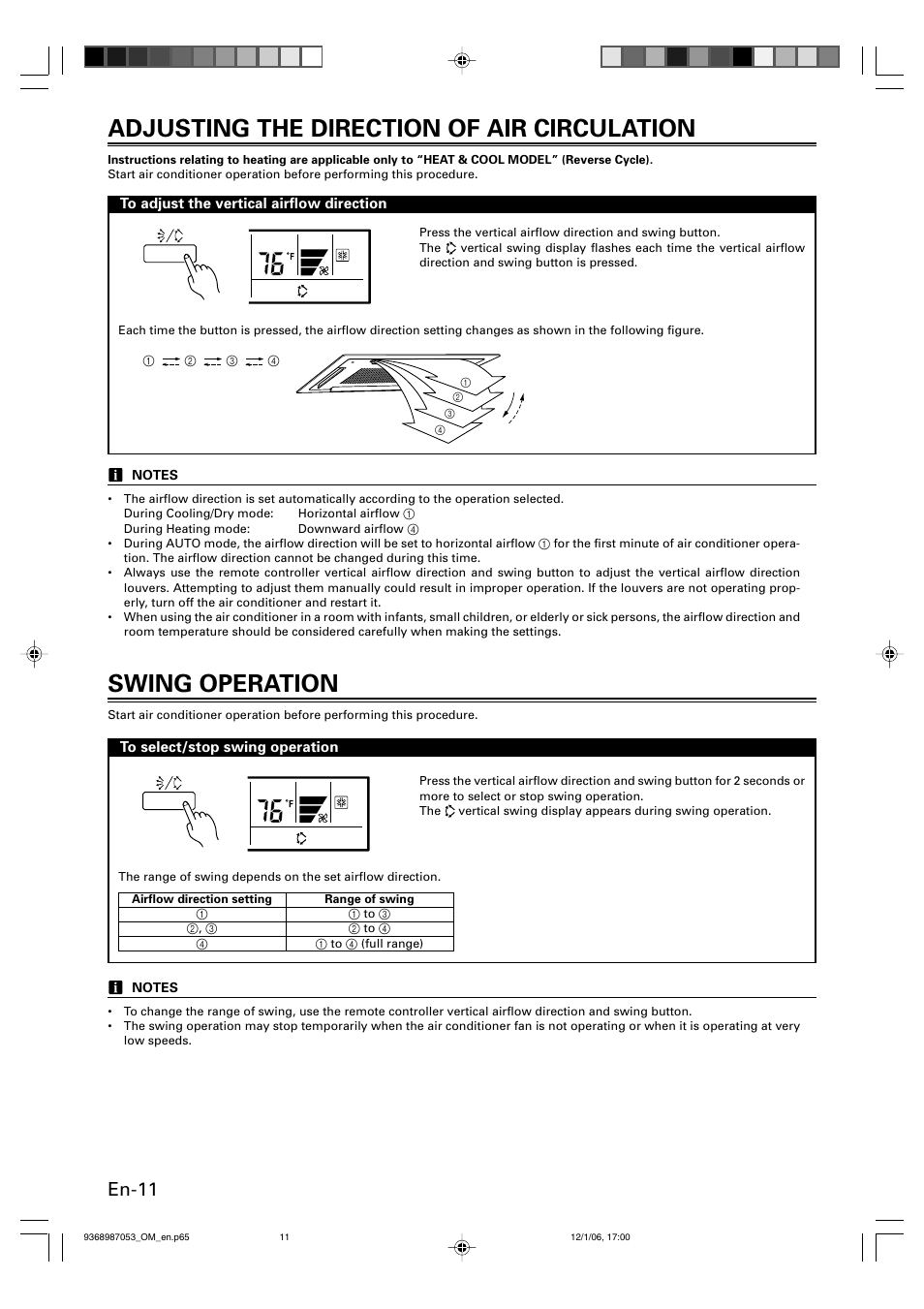 Adjusting the direction of air circulation, Swing operation, En-11 | Friedrich 9368987053 User Manual | Page 12 / 52