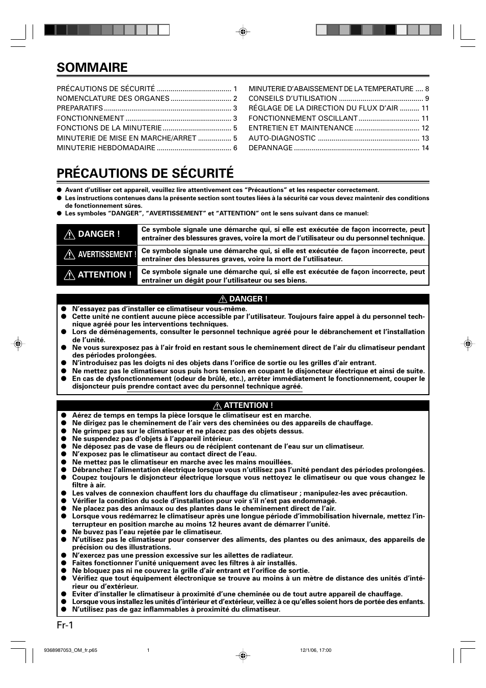 Précautions de sécurité, Sommaire, Fr-1 | Friedrich 9368987053 User Manual | Page 18 / 52