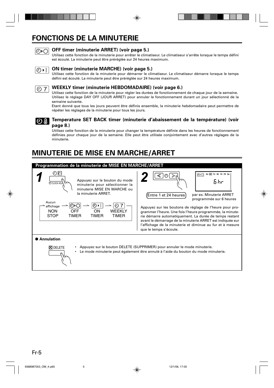 Fonctions de la minuterie, Minuterie de mise en marche/arret, Fr-5 | Friedrich 9368987053 User Manual | Page 22 / 52