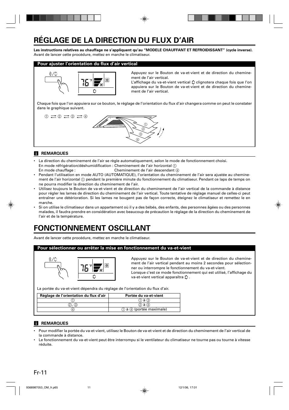 Réglage de la direction du flux d’air, Fonctionnement oscillant, Fr-11 | Friedrich 9368987053 User Manual | Page 28 / 52