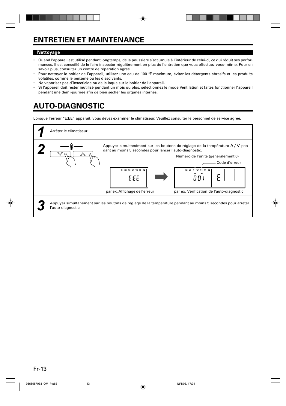 Entretien et maintenance auto-diagnostic, Fr-13 | Friedrich 9368987053 User Manual | Page 30 / 52