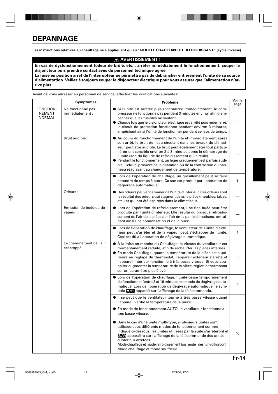 Depannage, Fr-14 | Friedrich 9368987053 User Manual | Page 31 / 52