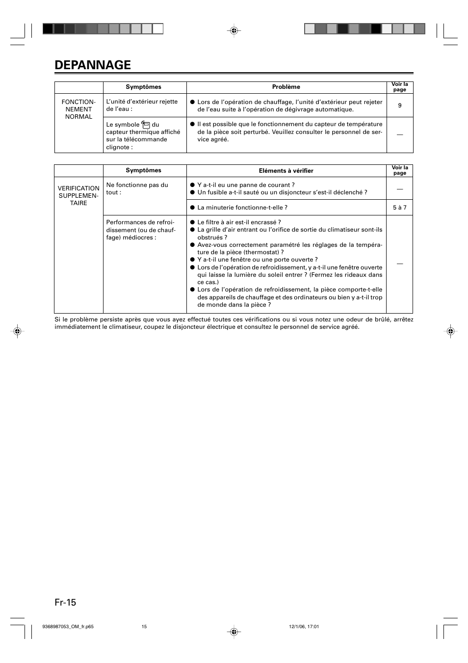 Depannage, Fr-15 | Friedrich 9368987053 User Manual | Page 32 / 52