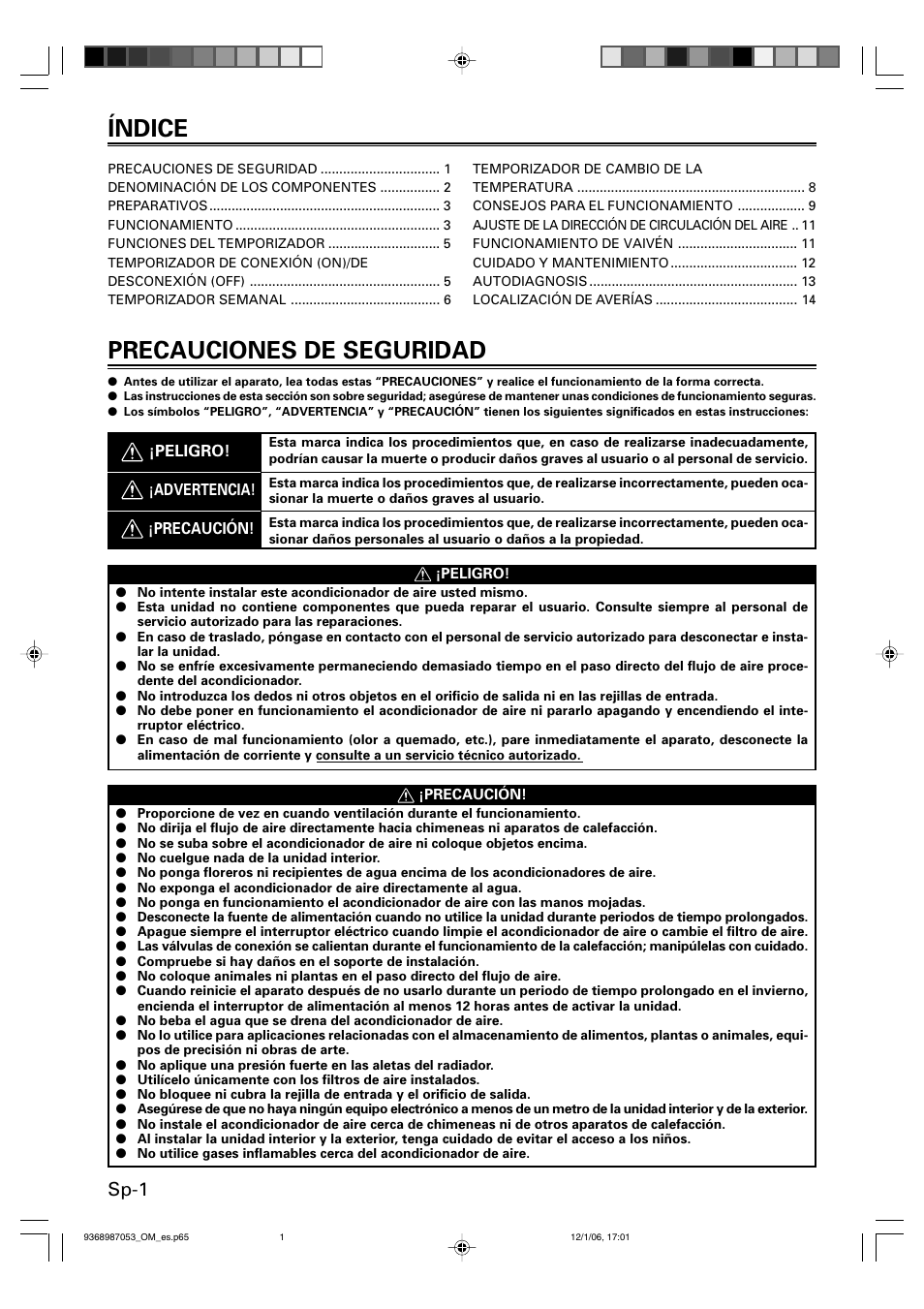 Precauciones de seguridad, Índice, Sp-1 | Friedrich 9368987053 User Manual | Page 34 / 52