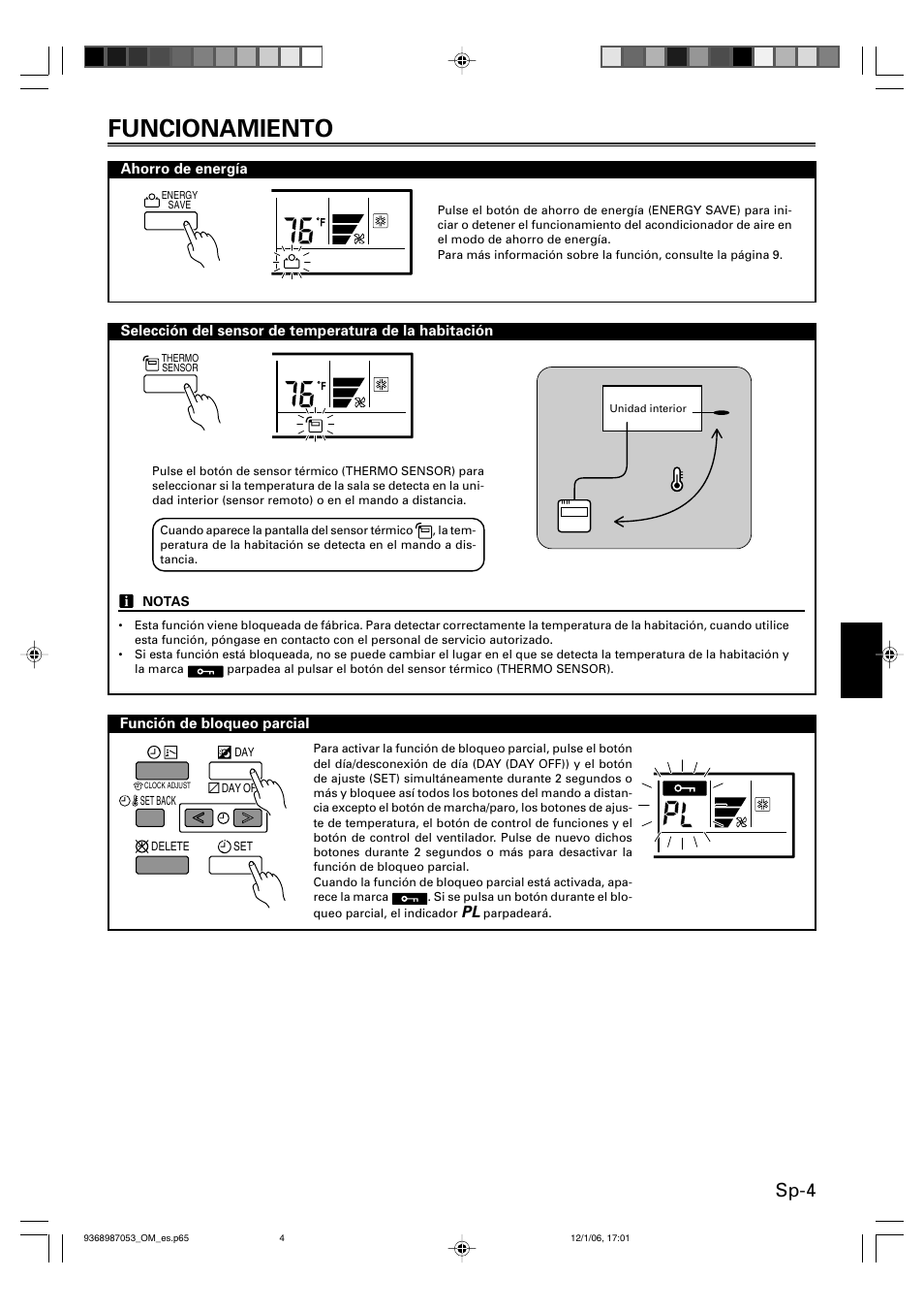 Funcionamiento, Sp-4 | Friedrich 9368987053 User Manual | Page 37 / 52