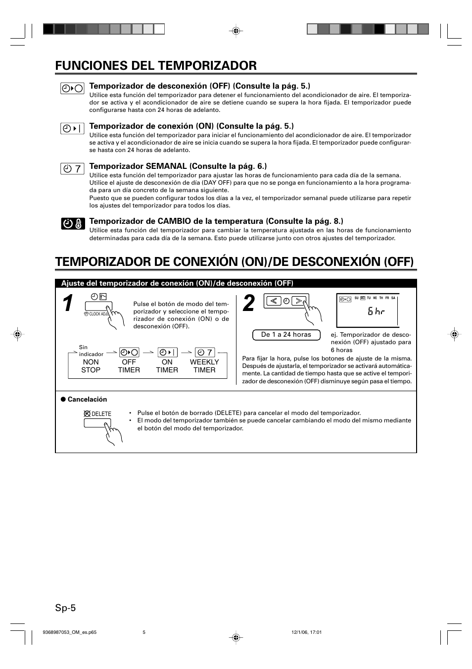 Funciones del temporizador, Temporizador de conexión (on)/de desconexión (off), Sp-5 | Friedrich 9368987053 User Manual | Page 38 / 52