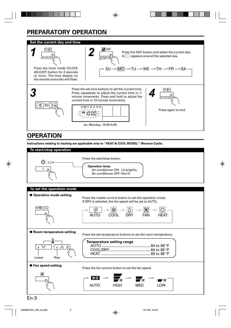 Preparatory operation, Operation | Friedrich 9368987053 User Manual | Page 4 / 52