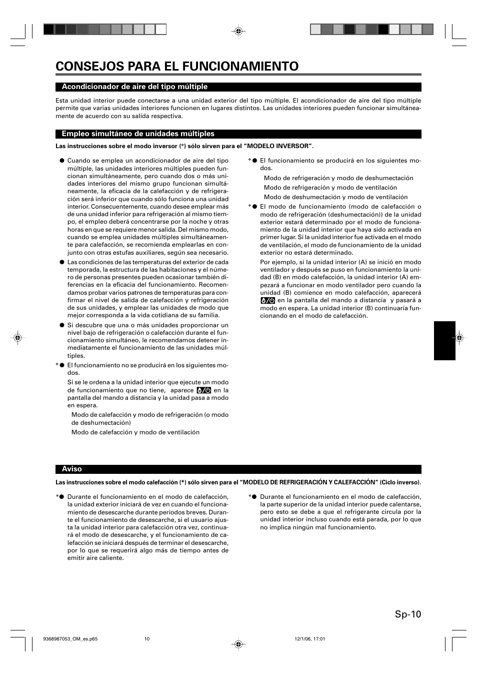 Consejos para el funcionamiento, Sp-10 | Friedrich 9368987053 User Manual | Page 43 / 52