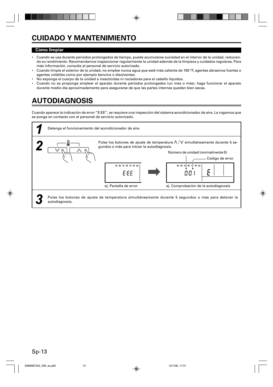 Cuidado y mantenimiento autodiagnosis, Sp-13 | Friedrich 9368987053 User Manual | Page 46 / 52