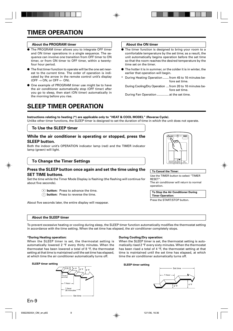 Timer operation, Sleep timer operation, En-9 | Friedrich AIR CONDITIONER CEILING SUSPENSION TYPE P/N9362292054 User Manual | Page 10 / 52