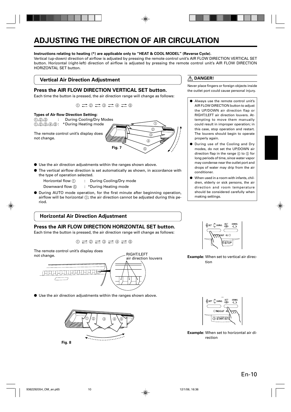 Adjusting the direction of air circulation, En-10 | Friedrich AIR CONDITIONER CEILING SUSPENSION TYPE P/N9362292054 User Manual | Page 11 / 52