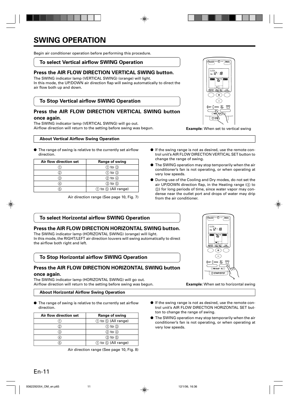 Swing operation, En-11 | Friedrich AIR CONDITIONER CEILING SUSPENSION TYPE P/N9362292054 User Manual | Page 12 / 52
