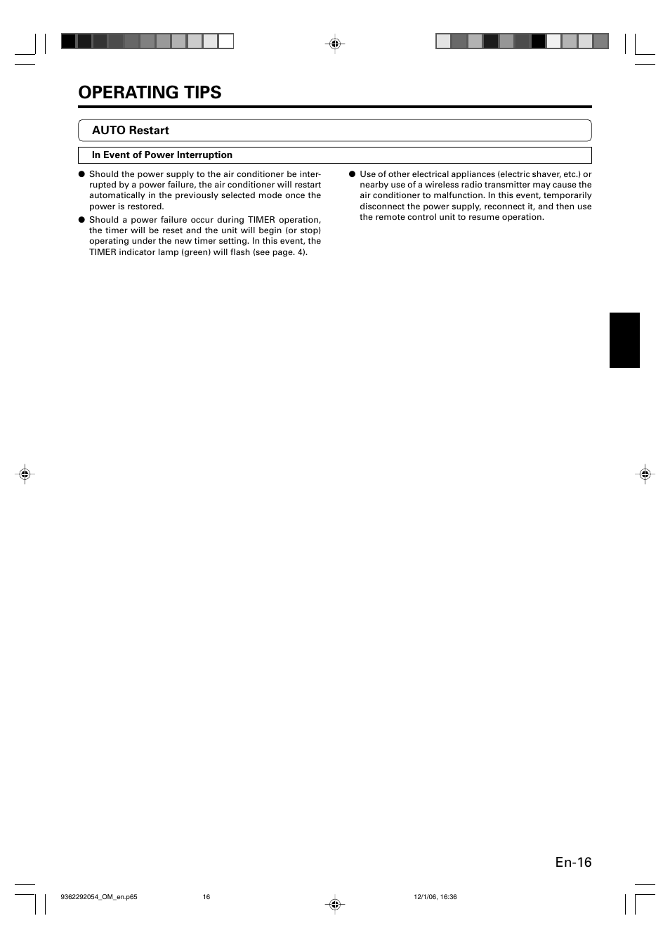 Operating tips, En-16 | Friedrich AIR CONDITIONER CEILING SUSPENSION TYPE P/N9362292054 User Manual | Page 17 / 52