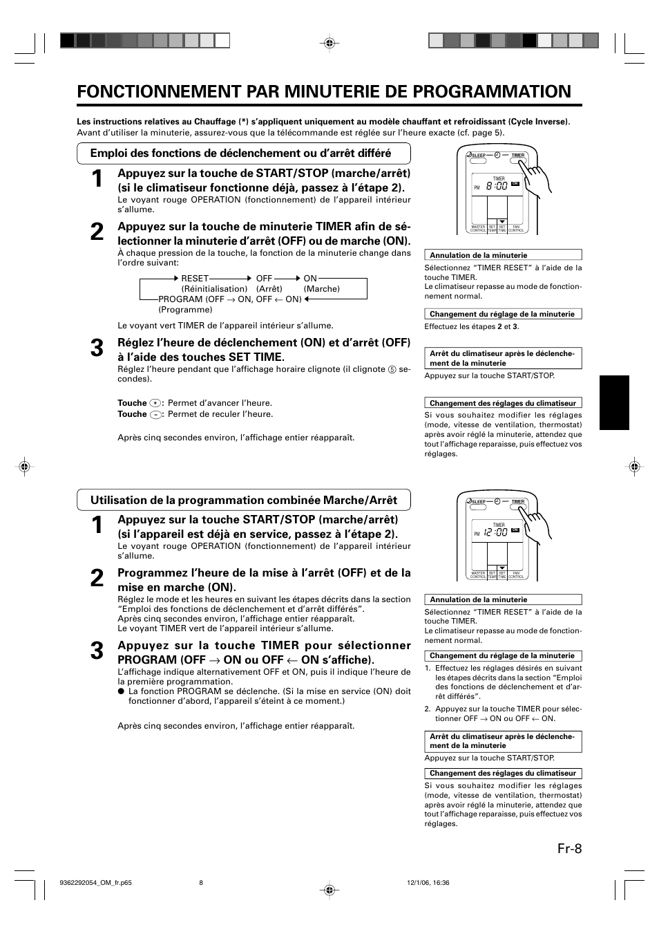 Fonctionnement par minuterie de programmation, Fr-8 | Friedrich AIR CONDITIONER CEILING SUSPENSION TYPE P/N9362292054 User Manual | Page 25 / 52