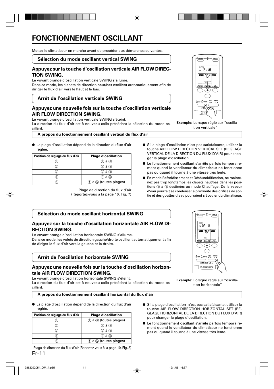 Fonctionnement oscillant, Fr-11 | Friedrich AIR CONDITIONER CEILING SUSPENSION TYPE P/N9362292054 User Manual | Page 28 / 52