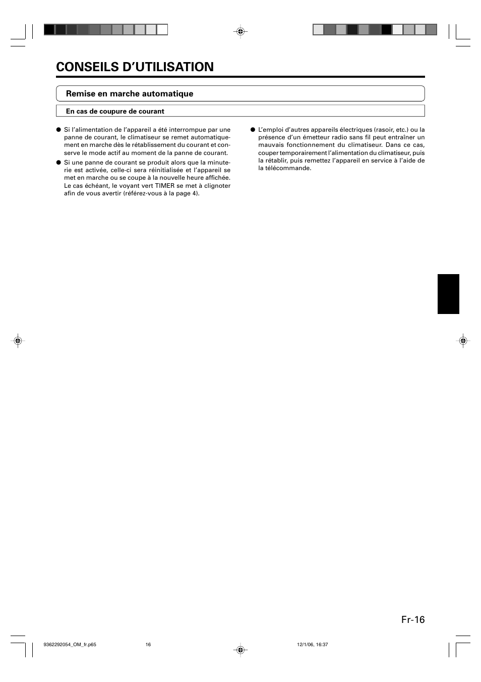 Conseils d’utilisation, Fr-16 | Friedrich AIR CONDITIONER CEILING SUSPENSION TYPE P/N9362292054 User Manual | Page 33 / 52