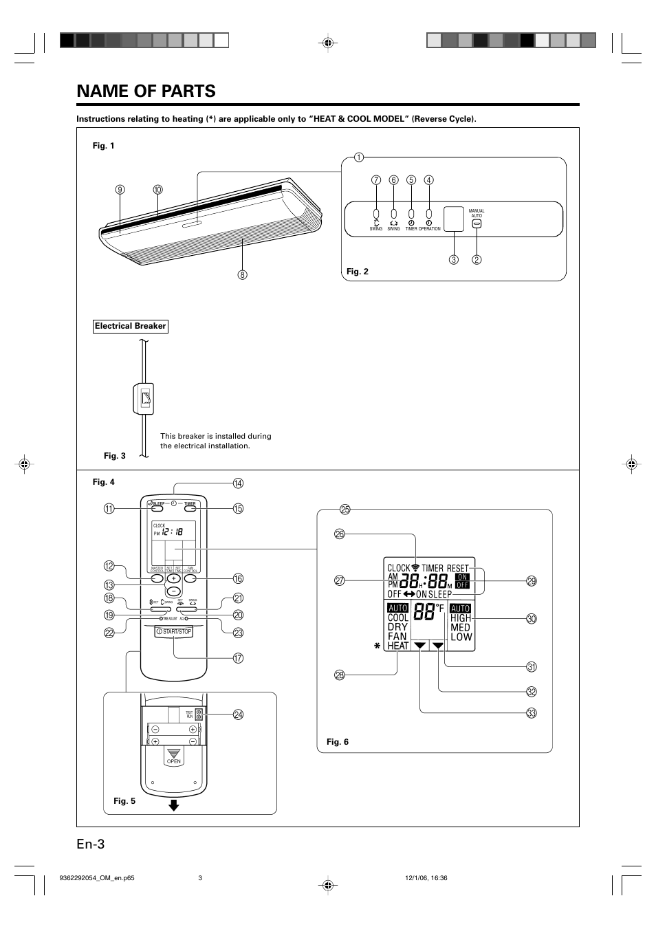 Name of parts, En-3 | Friedrich AIR CONDITIONER CEILING SUSPENSION TYPE P/N9362292054 User Manual | Page 4 / 52