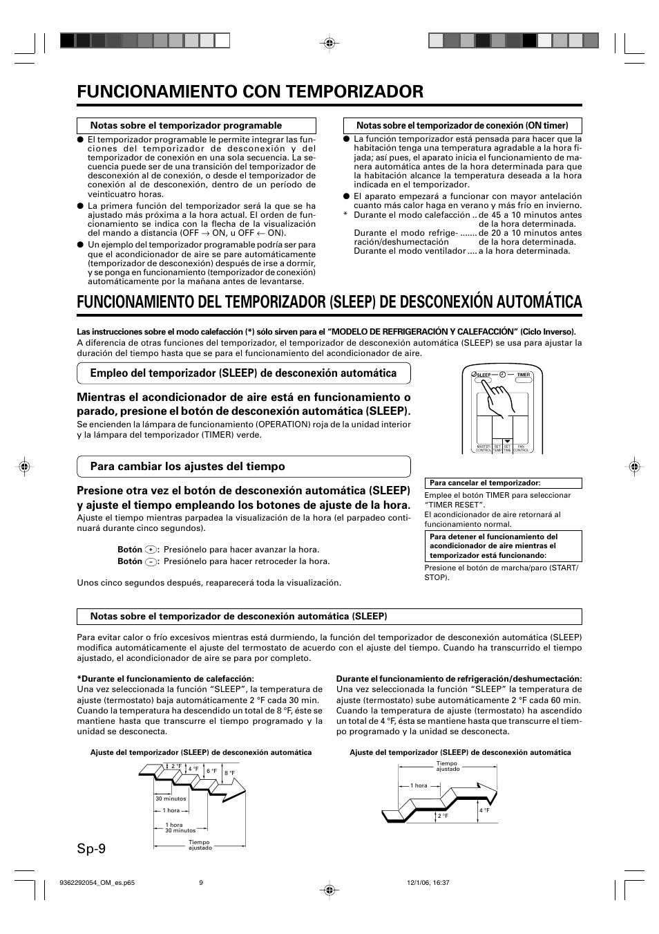 Funcionamiento con temporizador, Sp-9 | Friedrich AIR CONDITIONER CEILING SUSPENSION TYPE P/N9362292054 User Manual | Page 42 / 52