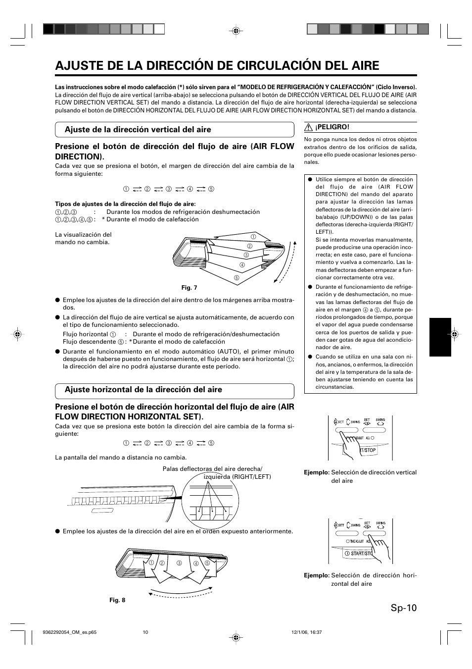 Ajuste de la dirección de circulación del aire, Sp-10 | Friedrich AIR CONDITIONER CEILING SUSPENSION TYPE P/N9362292054 User Manual | Page 43 / 52