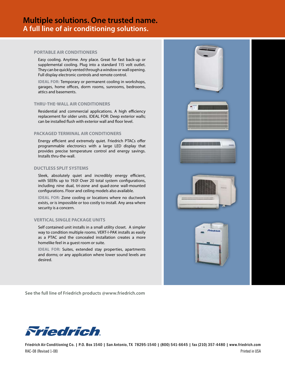 Multiple solutions. one trusted name, A full line of air conditioning solutions | Friedrich CP05 User Manual | Page 12 / 12