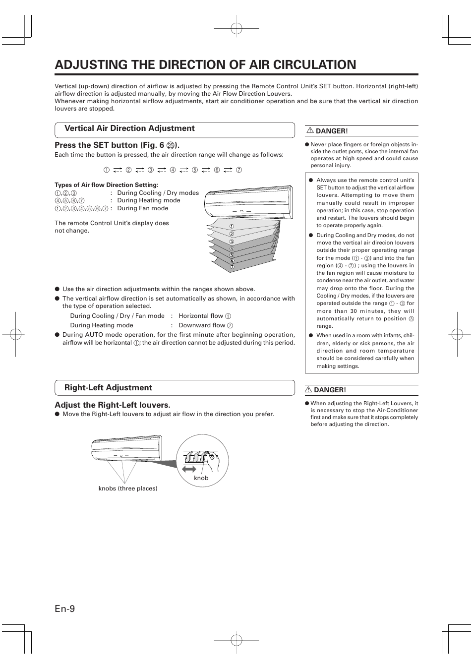 Adjusting the direction of air circulation, En-9 | Friedrich MR09Y1F MR12Y1F User Manual | Page 10 / 46