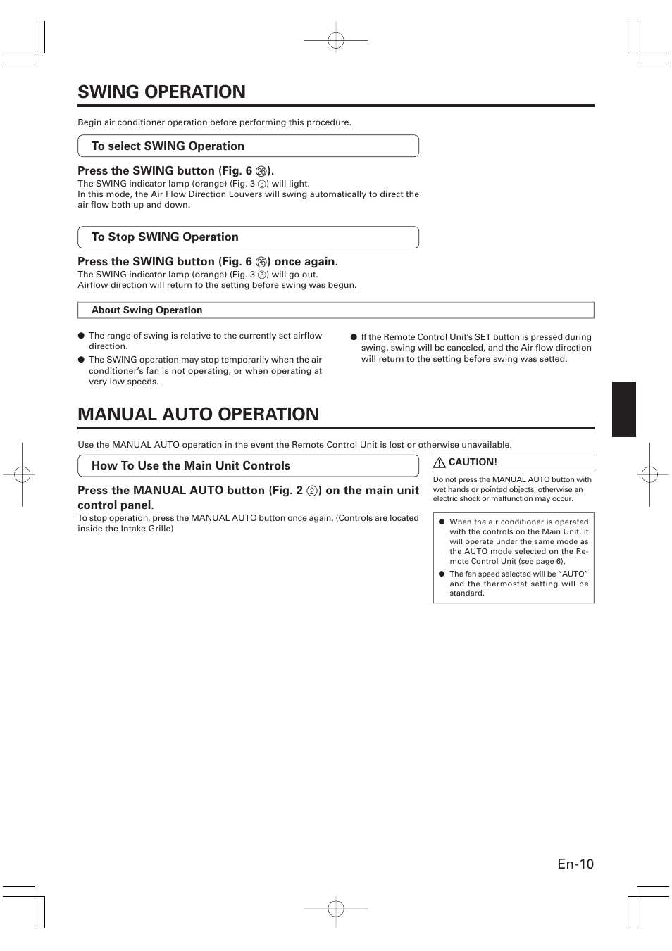 Swing operation, Manual auto operation, En-10 | Friedrich MR09Y1F MR12Y1F User Manual | Page 11 / 46