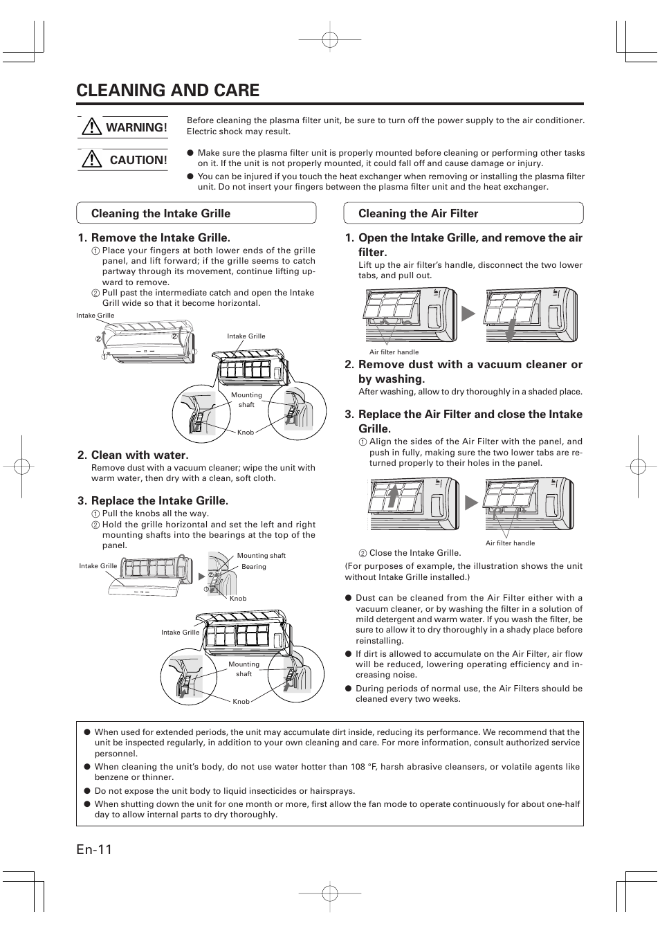Cleaning and care, En-11, Clean with water | Replace the intake grille, Caution! warning, Remove dust with a vacuum cleaner or by washing, Replace the air filter and close the intake grille | Friedrich MR09Y1F MR12Y1F User Manual | Page 12 / 46