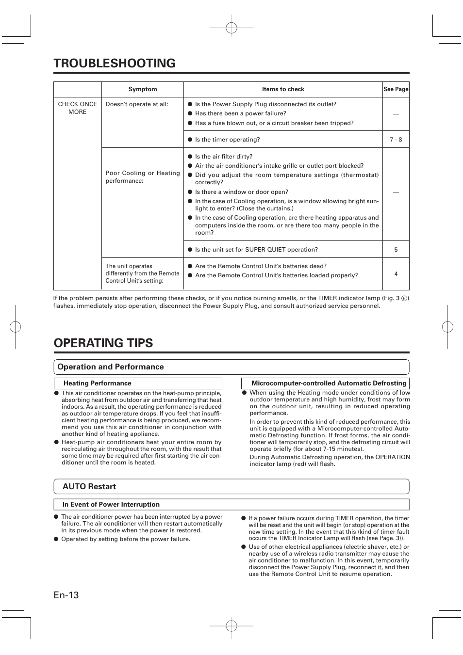 Troubleshooting, Operating tips, En-13 | Friedrich MR09Y1F MR12Y1F User Manual | Page 14 / 46