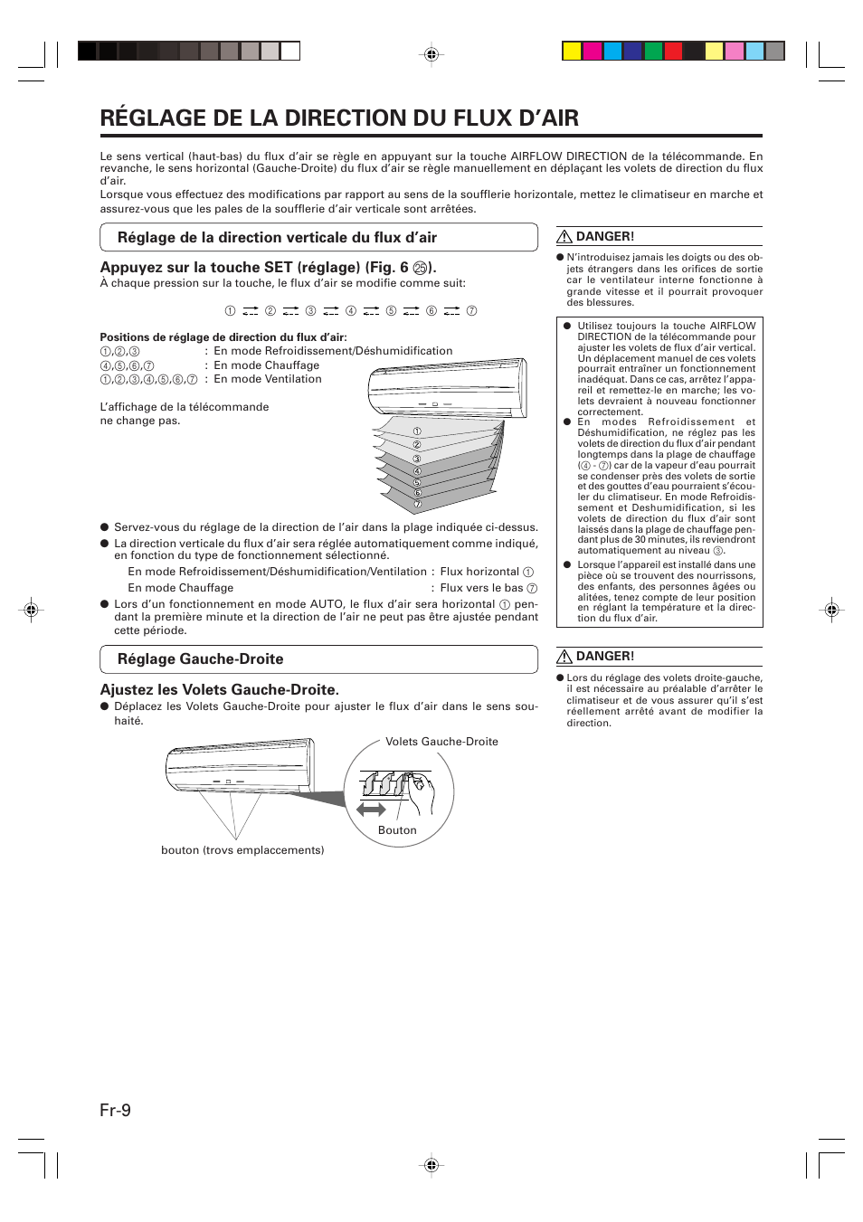 Réglage de la direction du flux d’air, Fr-9 | Friedrich MR09Y1F MR12Y1F User Manual | Page 24 / 46