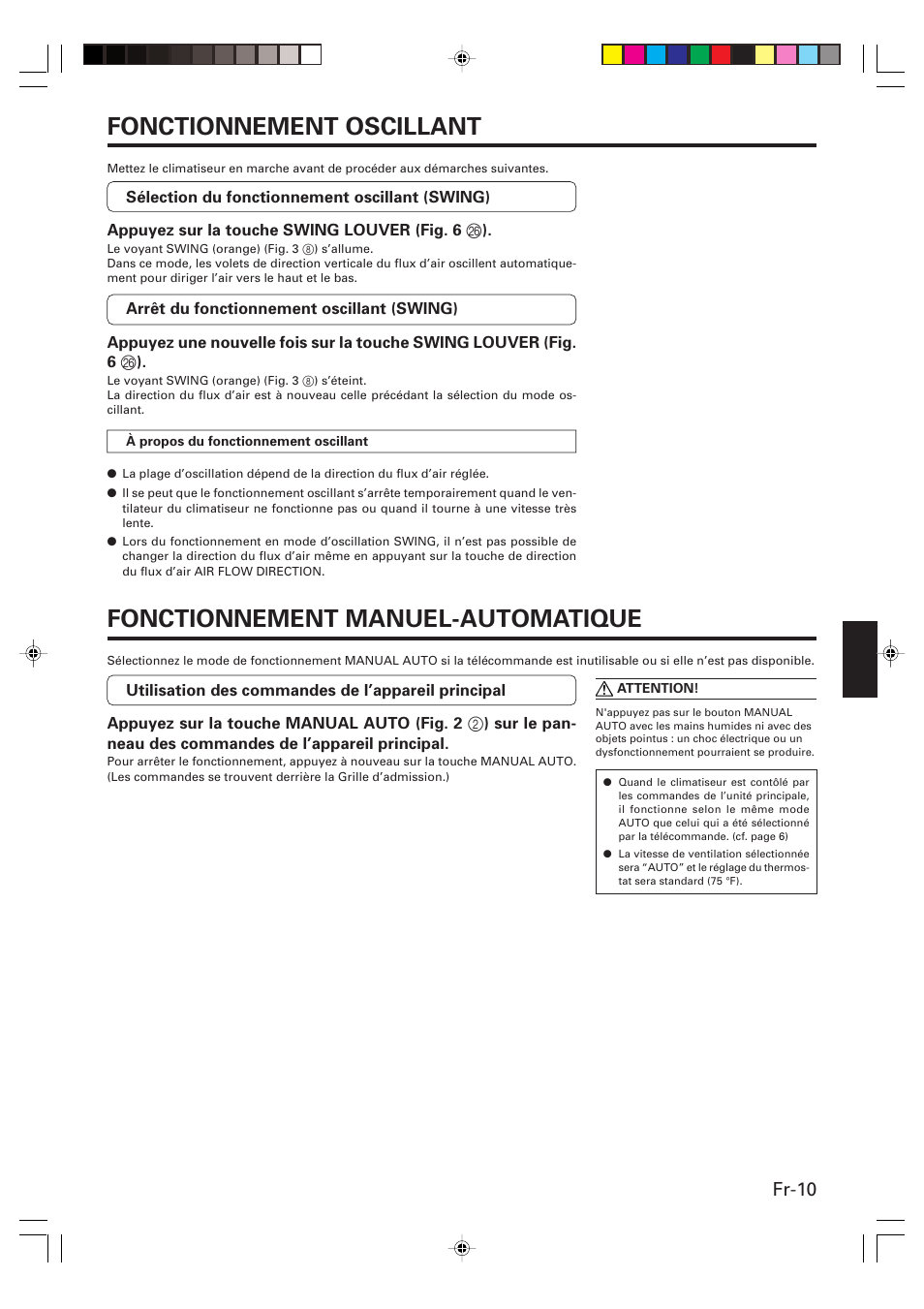 Fonctionnement oscillant, Fonctionnement manuel-automatique, Fr-10 | Friedrich MR09Y1F MR12Y1F User Manual | Page 25 / 46