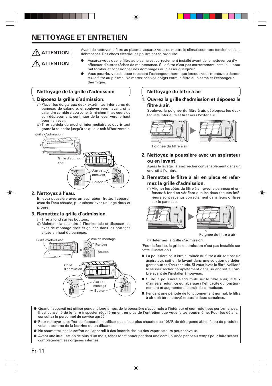 Nettoyage et entretien, Fr-11 | Friedrich MR09Y1F MR12Y1F User Manual | Page 26 / 46