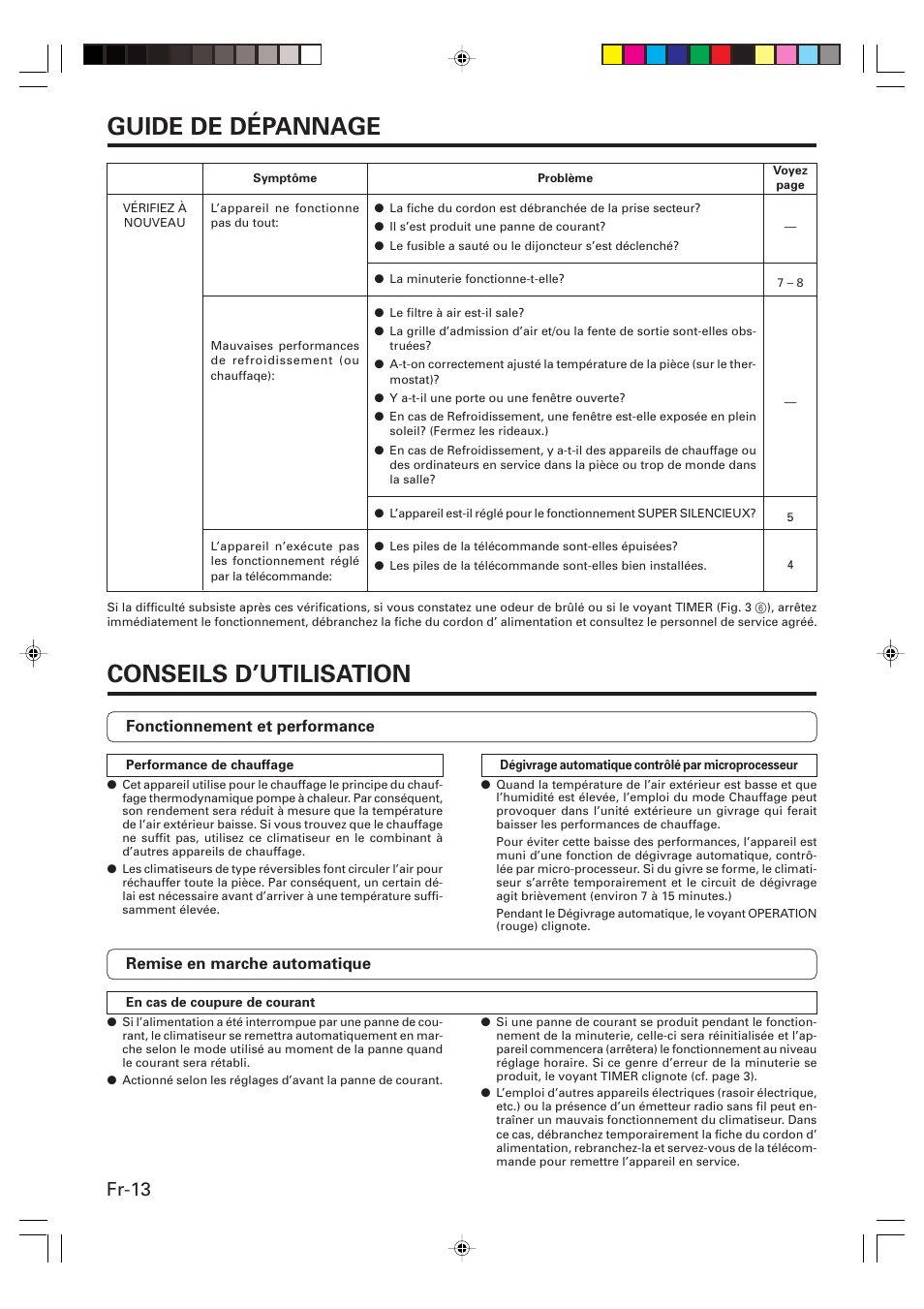 Guide de dépannage, Conseils d’utilisation, Fr-13 | Friedrich MR09Y1F MR12Y1F User Manual | Page 28 / 46