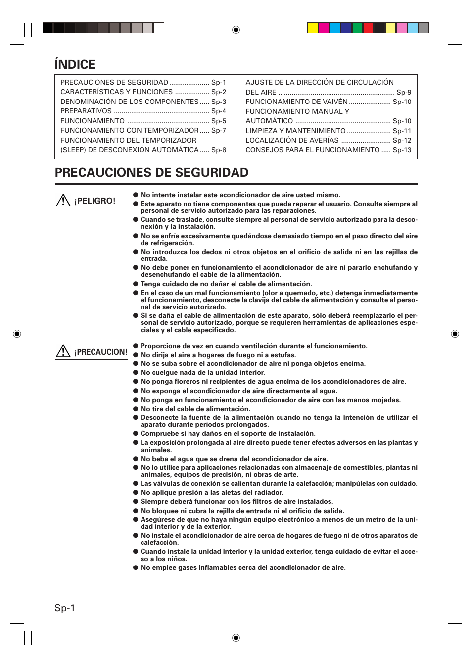 Índice, Precauciones de seguridad, Sp-1 | Friedrich MR09Y1F MR12Y1F User Manual | Page 30 / 46