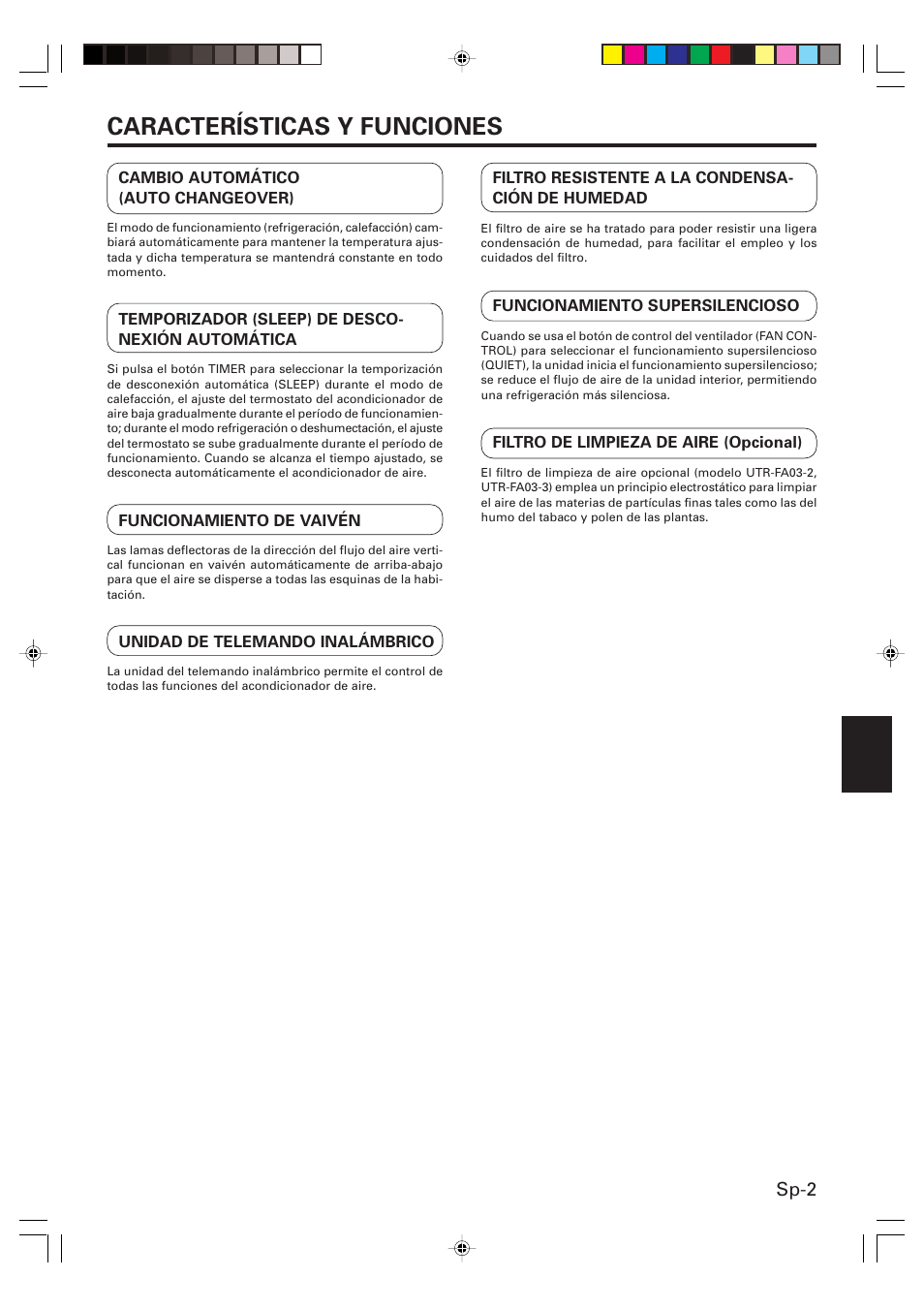 Características y funciones, Sp-2 | Friedrich MR09Y1F MR12Y1F User Manual | Page 31 / 46