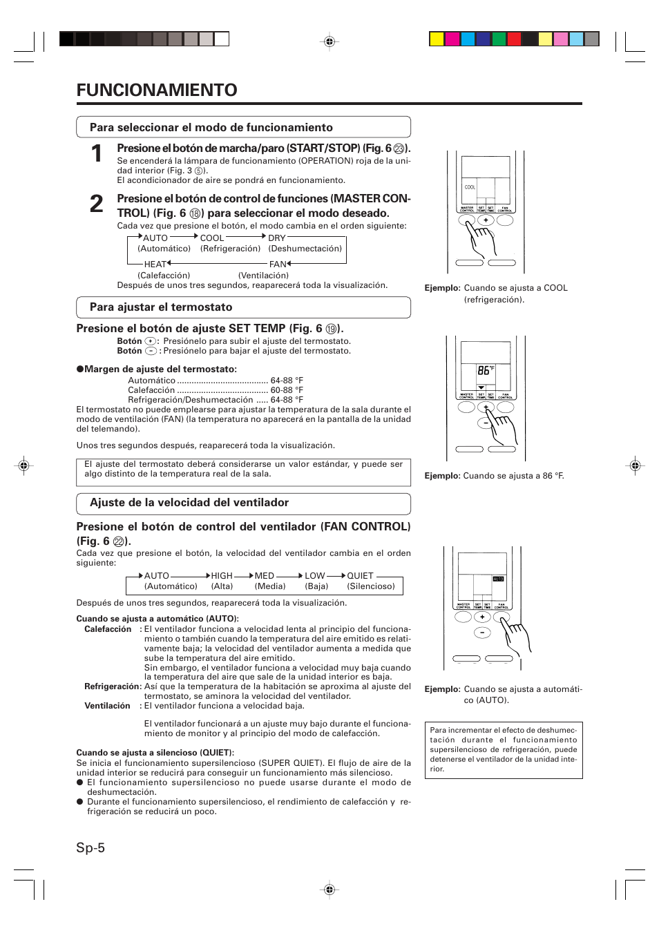 Funcionamiento, Sp-5 | Friedrich MR09Y1F MR12Y1F User Manual | Page 34 / 46