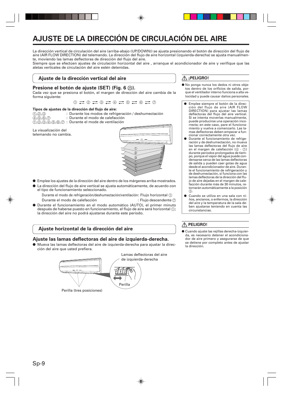 Ajuste de la dirección de circulación del aire, Sp-9 | Friedrich MR09Y1F MR12Y1F User Manual | Page 38 / 46