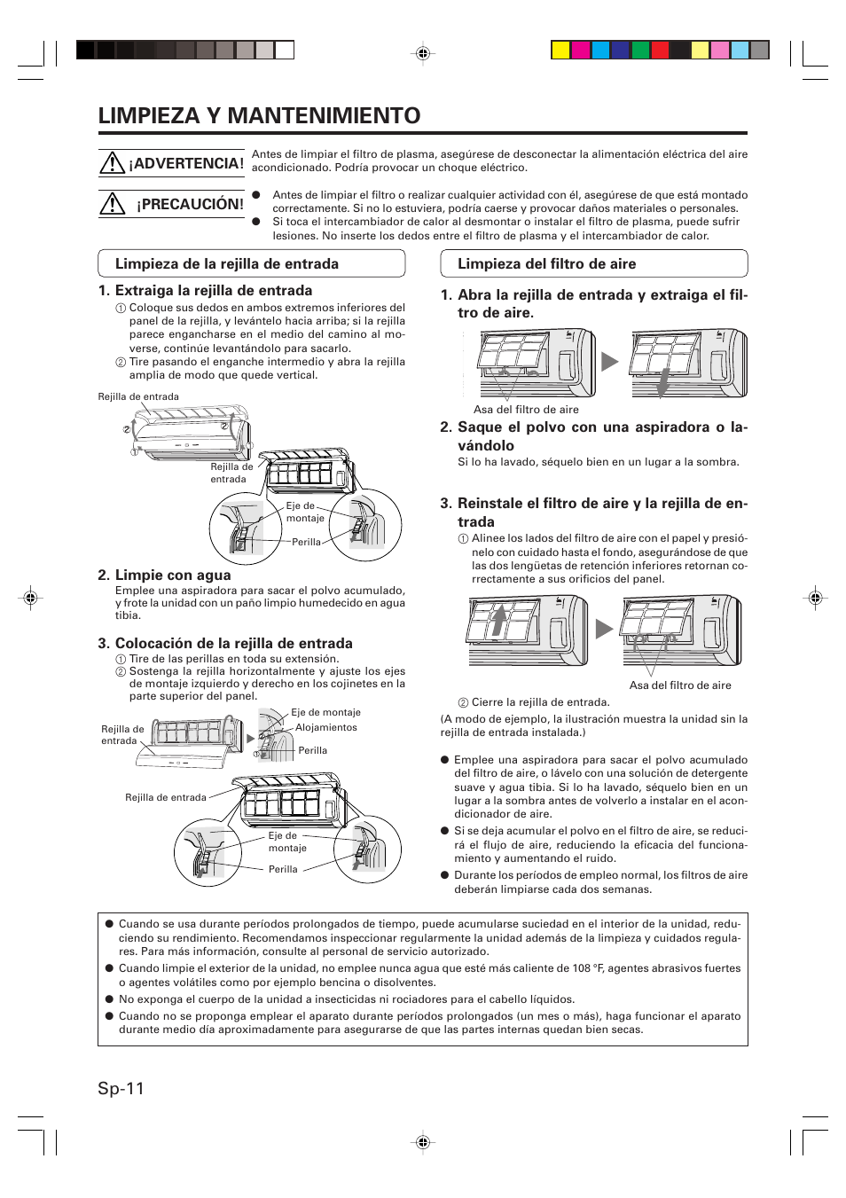 Limpieza y mantenimiento, Sp-11 | Friedrich MR09Y1F MR12Y1F User Manual | Page 40 / 46
