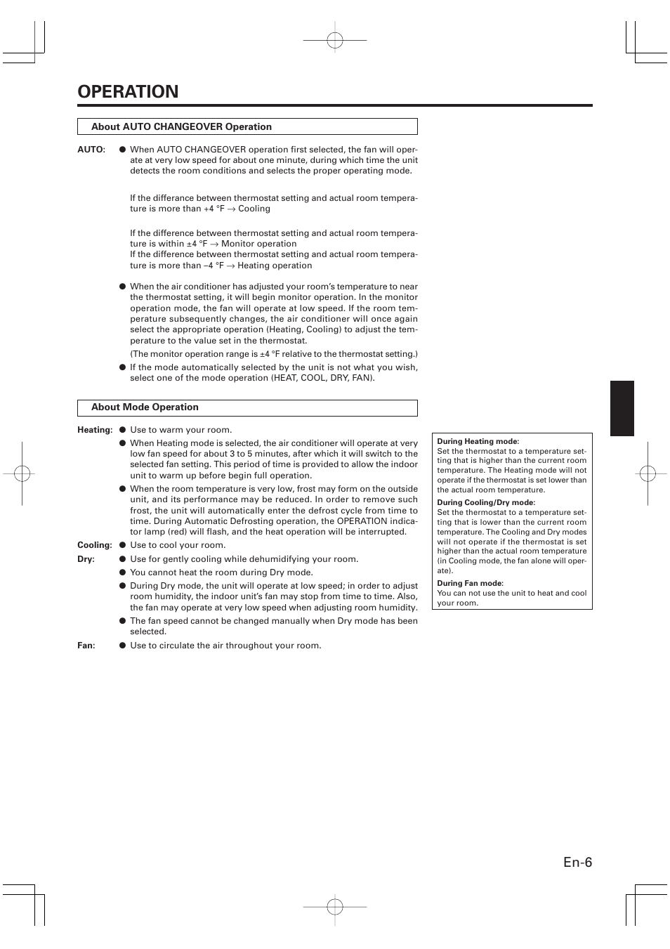 Operation, En-6 | Friedrich MR09Y1F MR12Y1F User Manual | Page 7 / 46