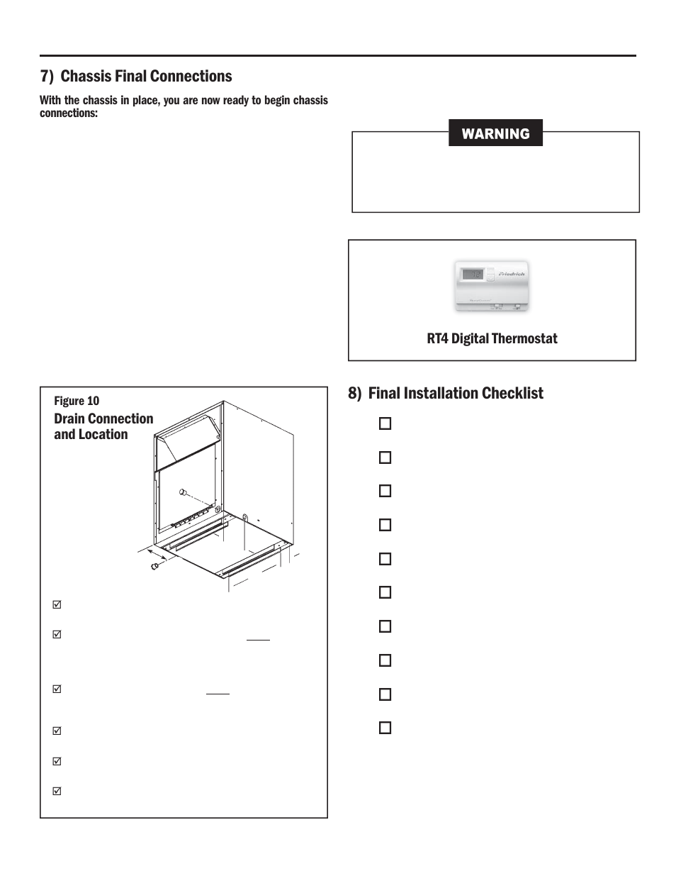 7) chassis final connections, 8) final installation checklist, Drain connection and location | Rt4 digital thermostat | Friedrich A-SERIES User Manual | Page 12 / 16