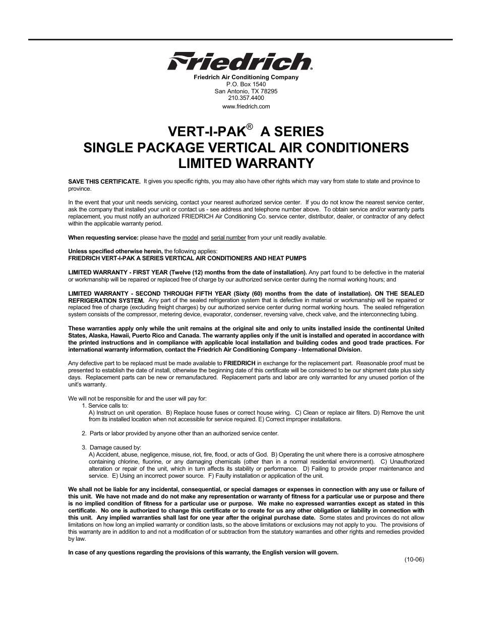 Vert-i-pak | Friedrich A-SERIES User Manual | Page 14 / 16