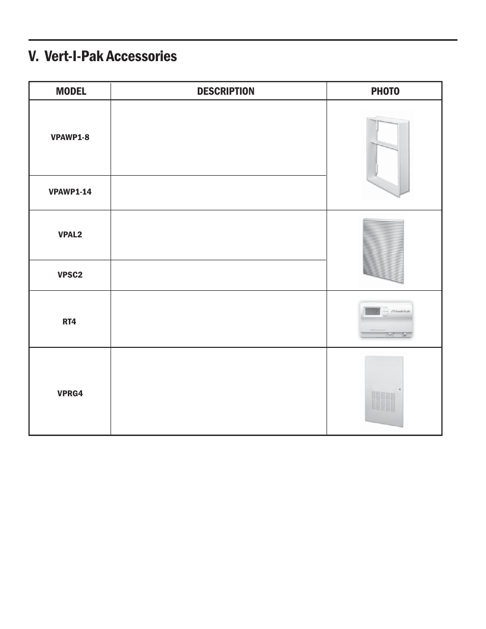 V. vert-i-pak accessories, Model description photo | Friedrich A-SERIES User Manual | Page 15 / 16