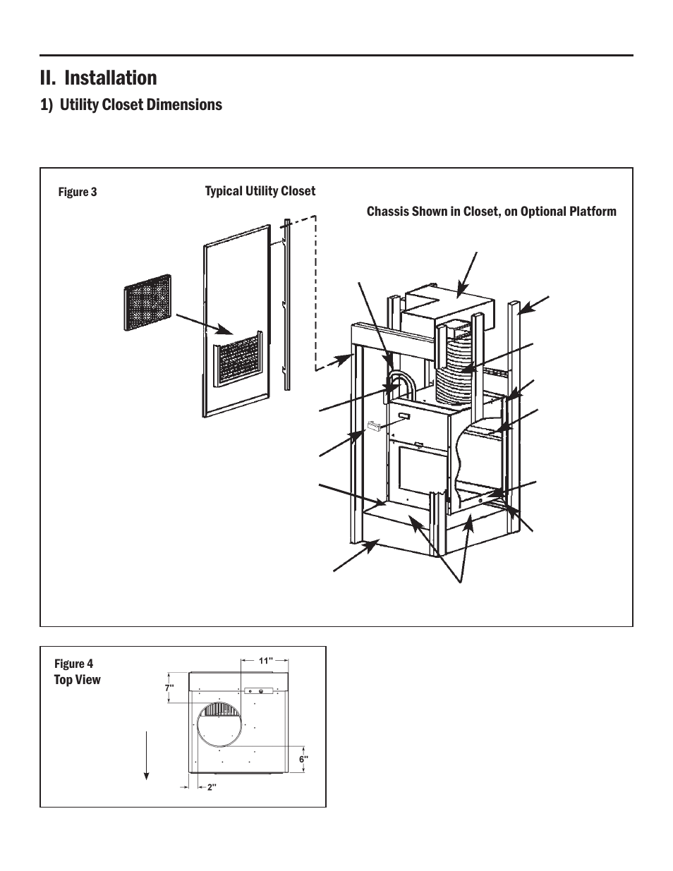 Ii. installation, 1) utility closet dimensions, Top view | Typical utility closet, Chassis shown in closet, on optional platform, Fig ure 4, Fig ure 3 | Friedrich A-SERIES User Manual | Page 5 / 16