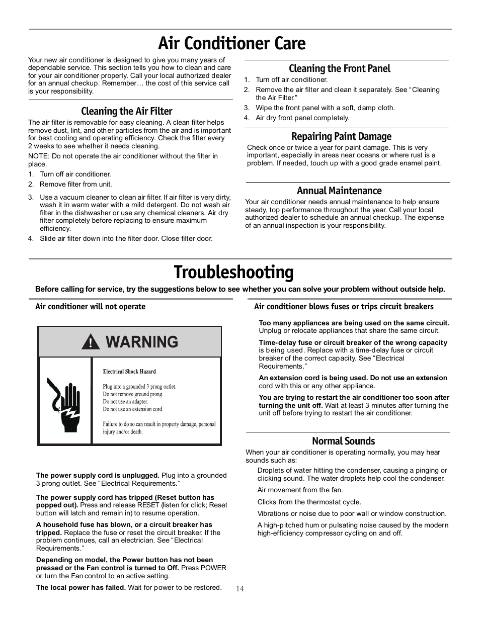 Air conditioner care, Troubleshooting, Cleaning the air filter | Cleaning the front panel, Repairing paint damage, Annual maintenance, Normal sounds | Friedrich CP24F30 User Manual | Page 16 / 20