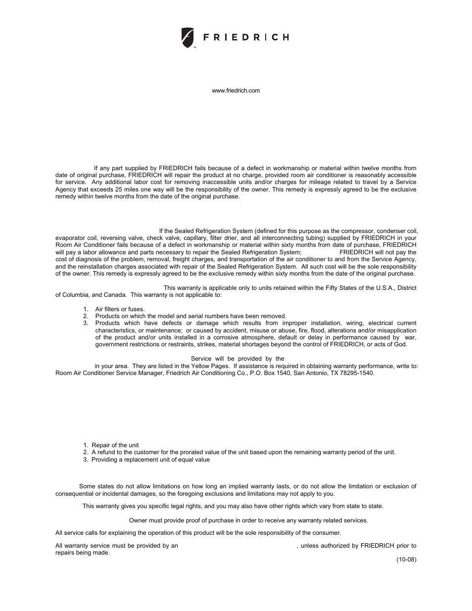 Room air conditioners limited warranty, First year, Second through fifth year | Friedrich CP24F30 User Manual | Page 18 / 20
