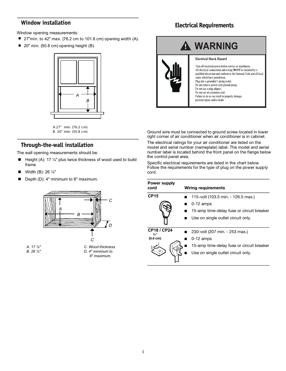 Electrical requirements, Window installation, Through-the-wall installation | Friedrich CP24F30 User Manual | Page 6 / 20